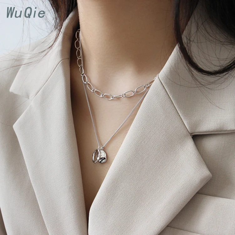Wuqie S925 Sterling Silver Choker Gold Plated Irregular Round Chain Geometric Ring Pendant Necklace