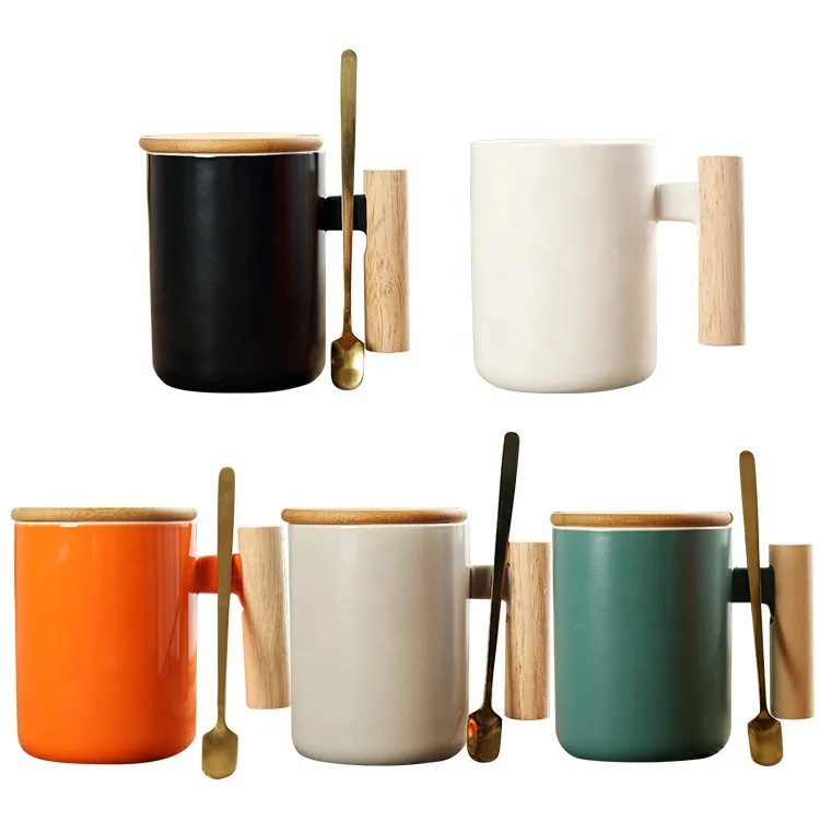 Sinyoo Mother Day Gift Wood Handle Coffee Porcelain Ceramic Mugs With Lid And Spoon