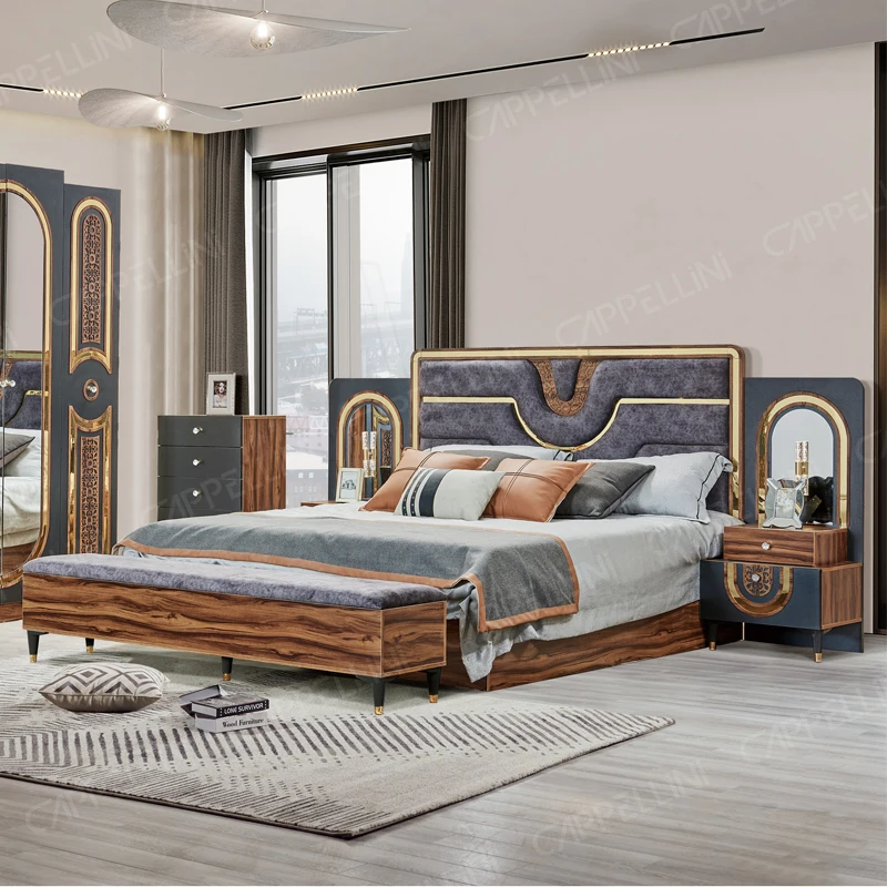 Turkish Royal Style Wood Frame Double King Size Bed Home Wooden Mdf Full Leather Modern Luxury Master Bedroom Furniture Set