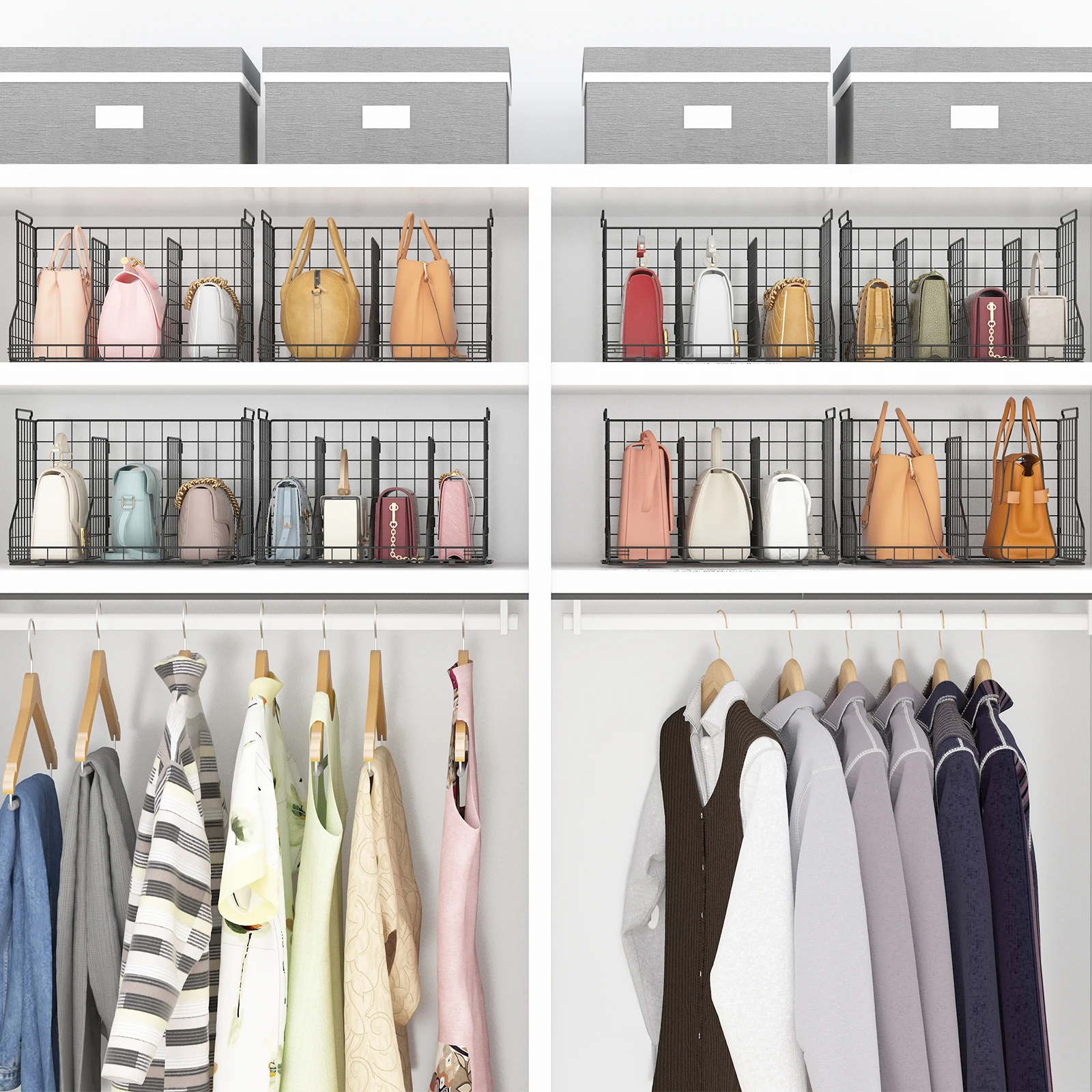 Hot sale Adjustable Dividers Closet Purse Organizer metal wire black storage basket for Wallets Tote Chain Bags Clutches