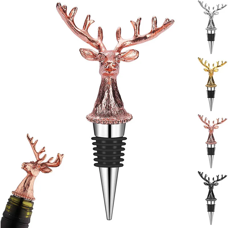 Custom Design Logo Colorful Rose Gold Metal Deer Head Reindeer Wine Champagne Bottle Stoppers for Christmas Wedding Gifts