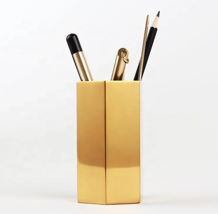 Gold circular Hexagon pen container