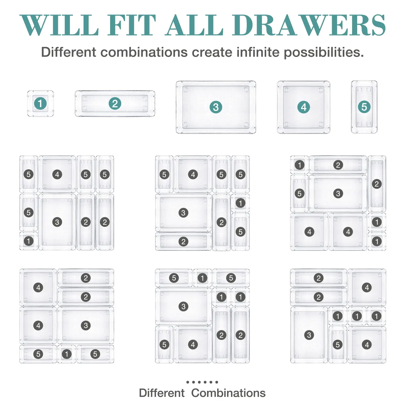 6-Piece Drawer Organizers, Plastic Refrigerator Organizer 7 Sizes Desk Drawer Dividers with Non-Slip Pads  Storage Tray Sets