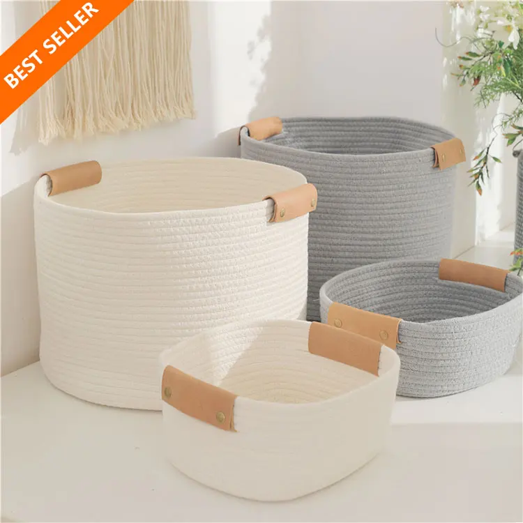Foldable Large White Handmade Home Laundry Clothes Sundries Kids Baby Toy Organizer Woven Cotton Rope Storage Basket For Storage