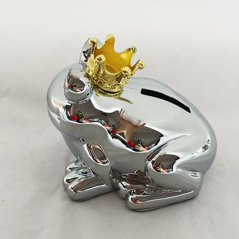 Metal money box frog chrome plated piggy bank with gold crown