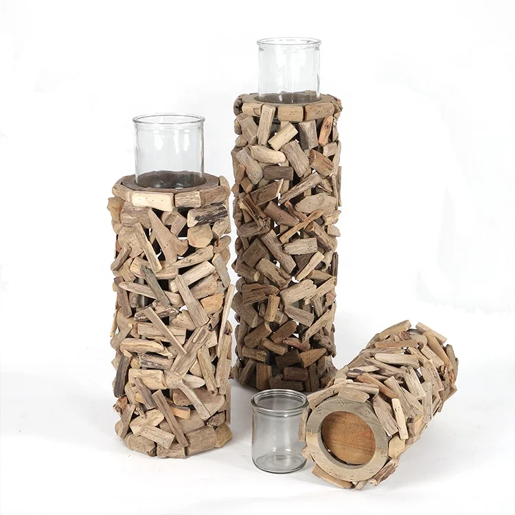 
Retro candle holder round wooden stick stitching high candle holder to send glass 