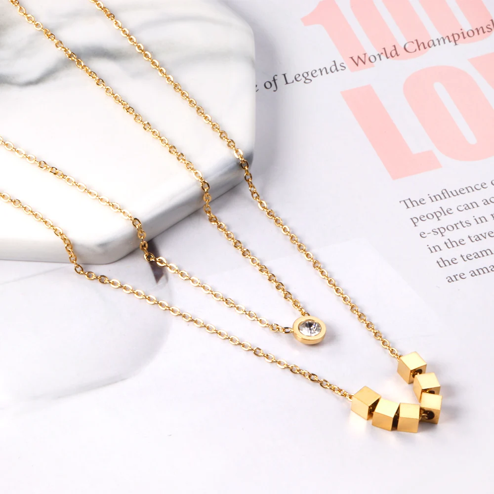 Ason Jewelry New Arrival Stainless Steel 18K Gold Crystal double layer Jewelry Pendant Necklace
