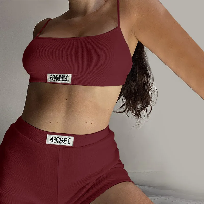 2022 Cotton Home Suit Gothic Angel Letter Embroidery Women Pajamas Streetwear Gyms Two Piece Set Crop Top Camisole Sporty Shorts