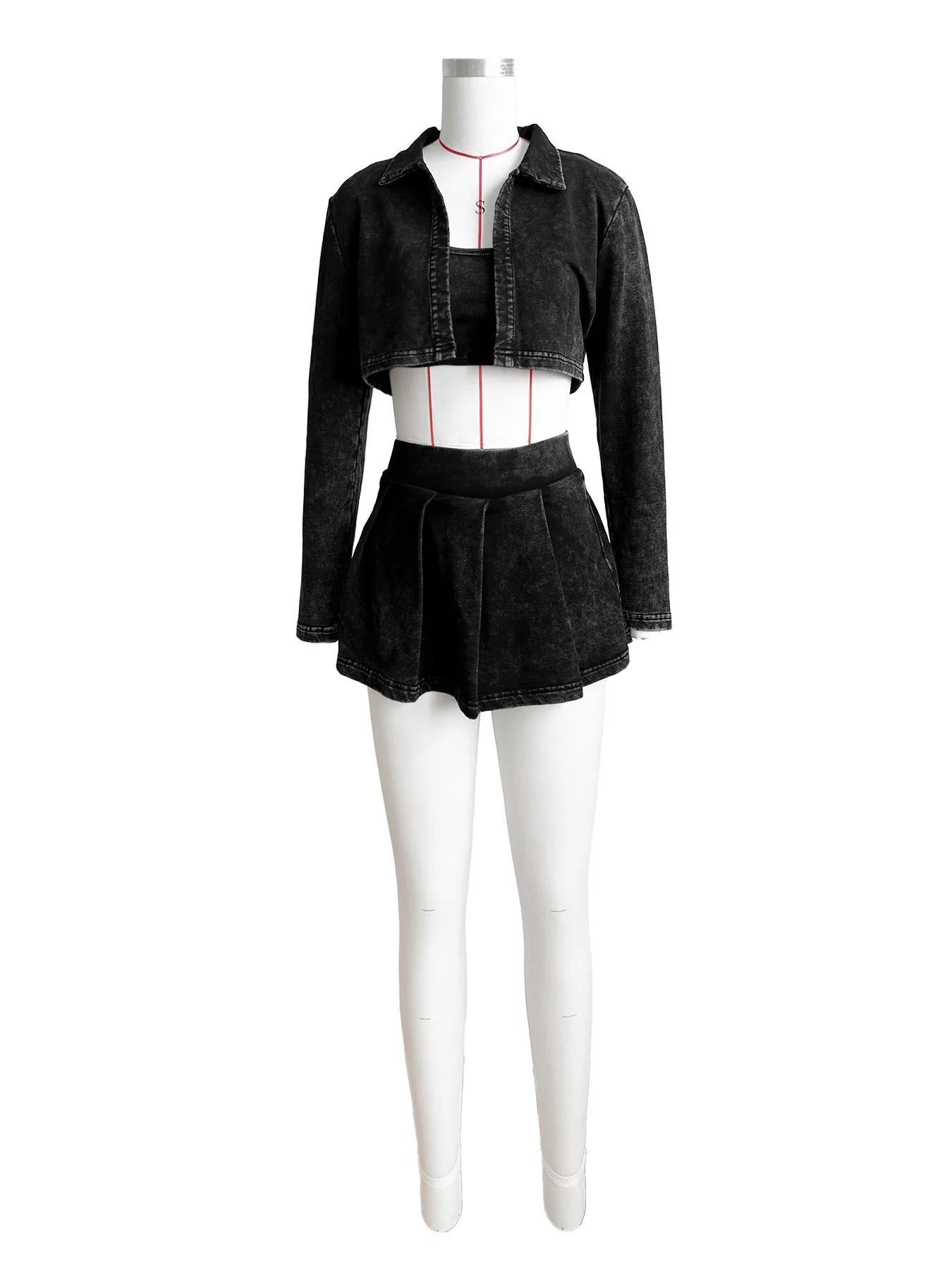 2024 Spring  Outfits Sexy 3 Pieces Set Women Long Sleeve Washed Shirts and Mini Skirts+Pants and Tank Top