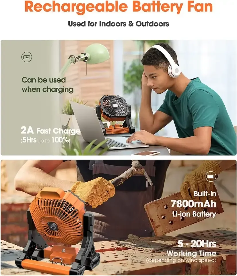 Camping Fan With Led Light 7800mAh Outdoor Small Rechargeable Quiet Flashlight Fan 2-in-1 Fan Light