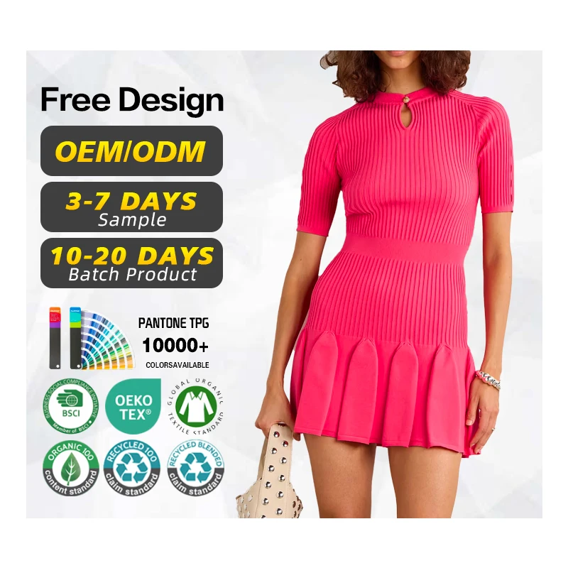 Knitwear manufacturer custom spring summer pink crew neck short sleeved ribbed knit women sweater mini dress