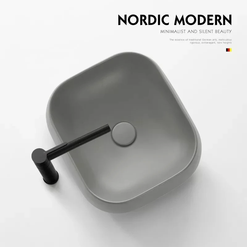 Matte grey color above counter top modern washroom ceramic washbasin art hand wash basin bathroom sink