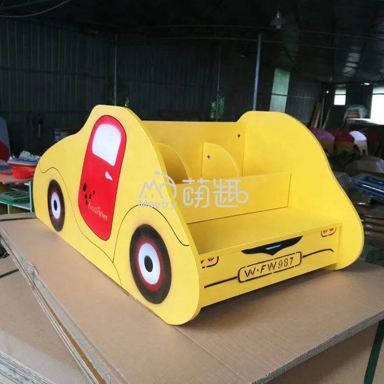 Moetry Car Shape Nursery Preschool Book Shelf Cartoon Wooden Kids Reading Center Bookshelf