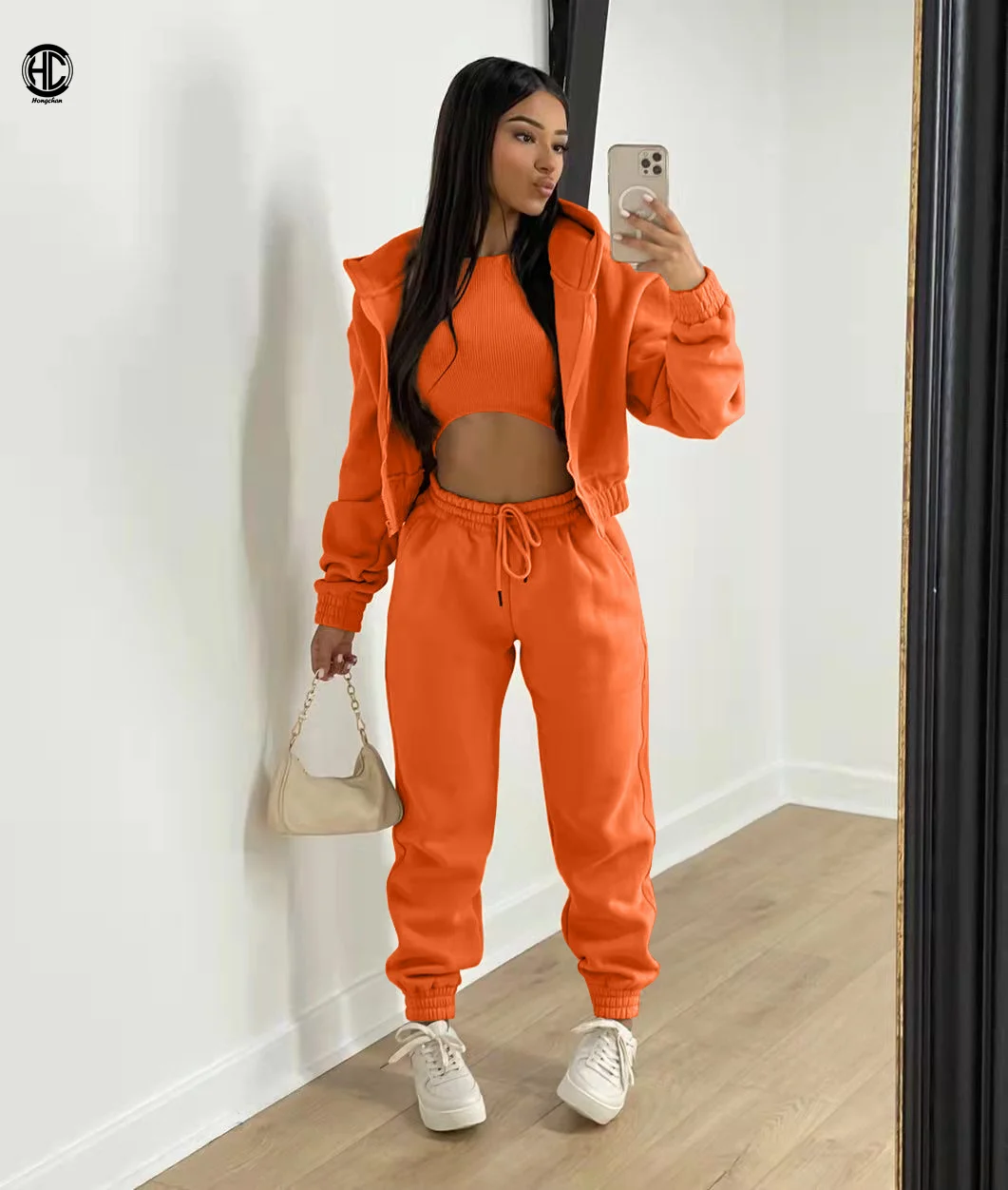 2022 Top Sale Custom Logo Thick Hooded Sweatsuit Solid Tracksuit Thread Vest With Hoodie Jacket 3 Piece Jogging Sets