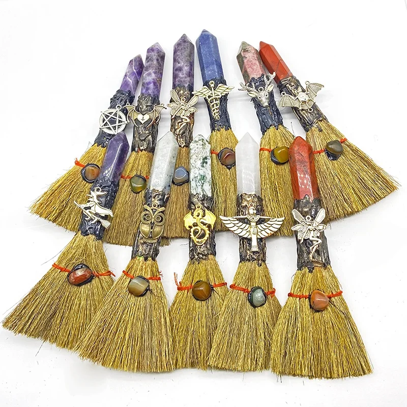 Folk Crafts Clear Quartz Magic Besom Crystals Carving Amethyst Craft Witch Broom For Energy