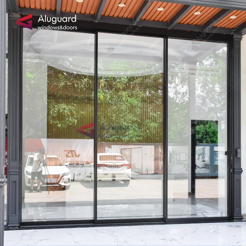 Auto sliding doors with infrared sensor opening europe black aluminium sliding door glass 3 panels curtain wall sliding door