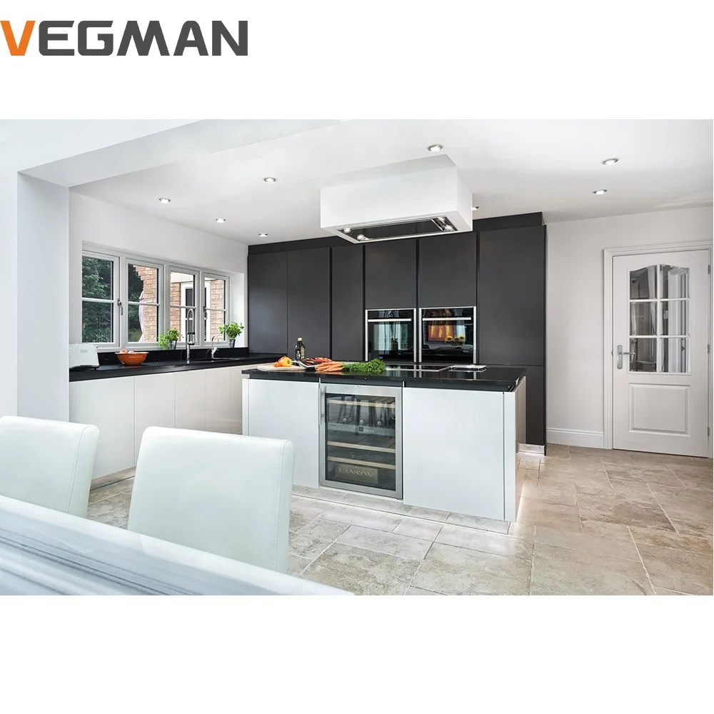 L shaped waterproof lacquer black white island smart modern style kitchen cabinet for commercial and home use