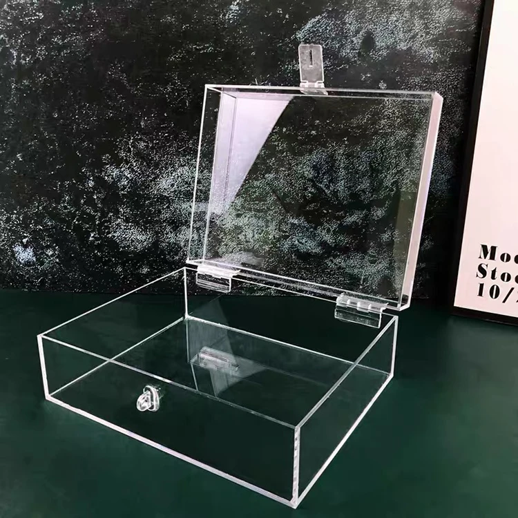 Customized wholesale acrylic transparent box with lock storage box plexiglass clamshell box suitcase