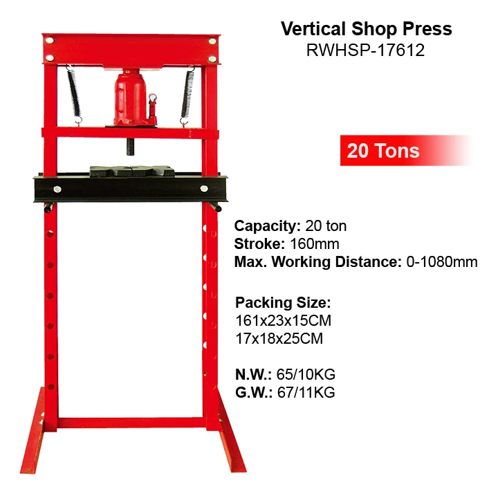 Factory 20 Ton Vertical Manual Hydraulic Shop Press Machine Car Vehicle Repair Equipment CE Hydraulic Cylinder Shop Press Tools
