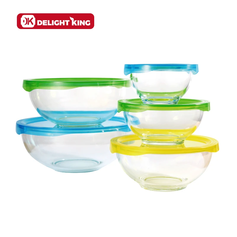 3pcs High borosilicate round glass salad bowl mixing bowl with plastic lid bakeware set glass bowl with lid