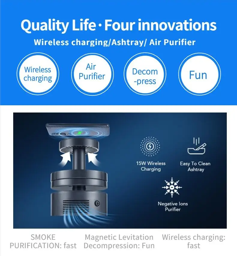 Amazon hot selling magnetic levitation wireless fast charging decompress and remove second-hand smoke cigar ashtray