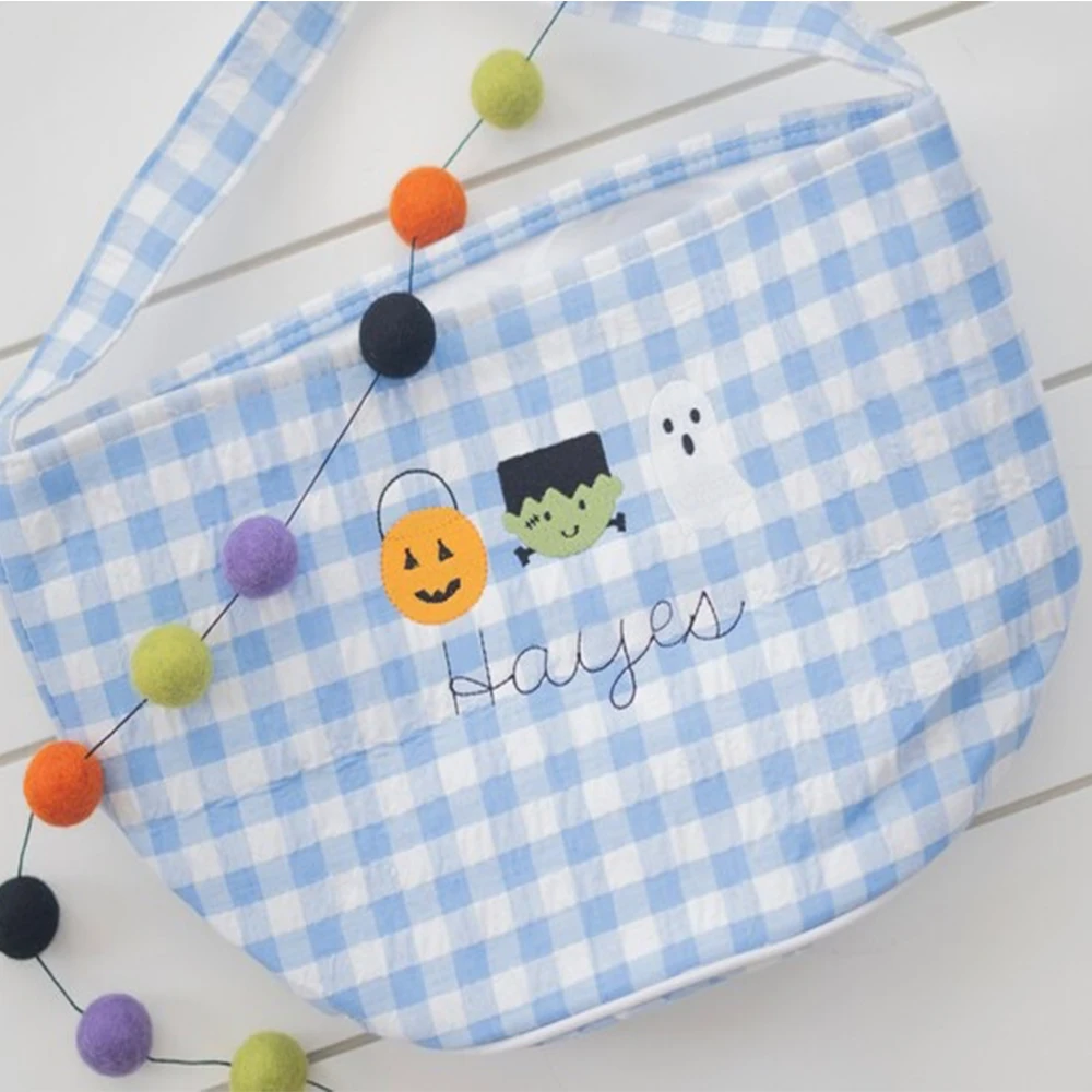 Trick or Treat Kids Tote Candy Bags Basket Pumpkin Ghost Embroidered Blank Gingham Halloween Bucket