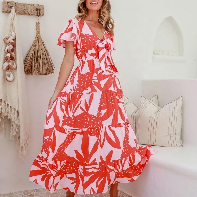 Summer Dresses for Women Beach Empire Waist Flowy Swing Midi Sun Dresses Short Sleeve V-Neck Leaves Print 2024 Casual Dress