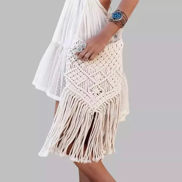 Tassel Bohe Bolsos Feminine Crochet Fringed Women Shoulder Bags, Knitted Rattan Summer Beach Bag Handmade Rope Woven Handbag