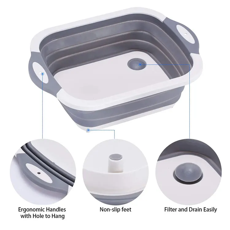 Multifunctional Kitchen Vegetable Wash Basket Silicone Dish Tub Foldable Storage Basin  with Strainer Foldable Cutting Board