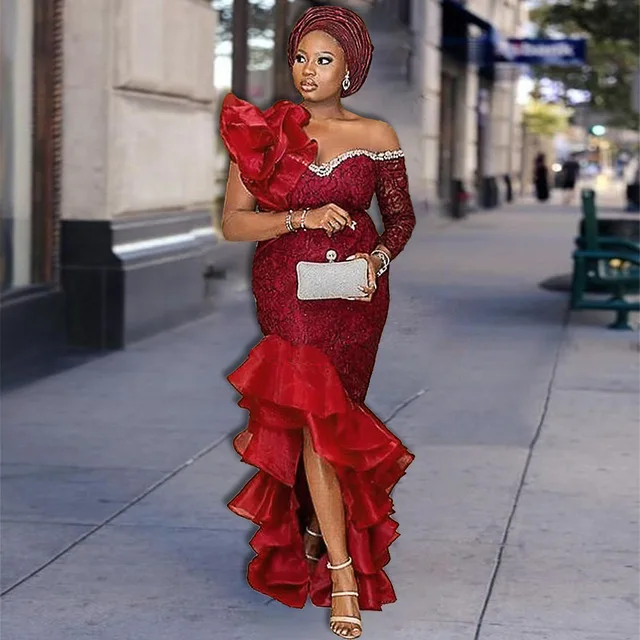 Fashion High Waist Off-shoulder Dress for African Women Elegant Ladies Long Evening Gown Sexy Female Lace Maxi Party Dress