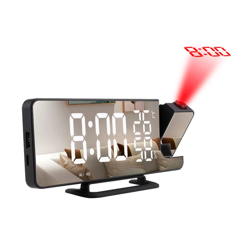 Digital Mirror Projection Alarm with Temperature Humidity Display Clock Projector to the Ceiling for Student Bedroom