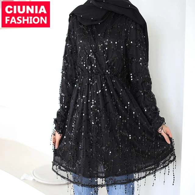 2243# Popular Fashion Elegant Shining Sequin Muslim Blouse Modest Women Long Sleeve Top & Blouse Lady Shirt