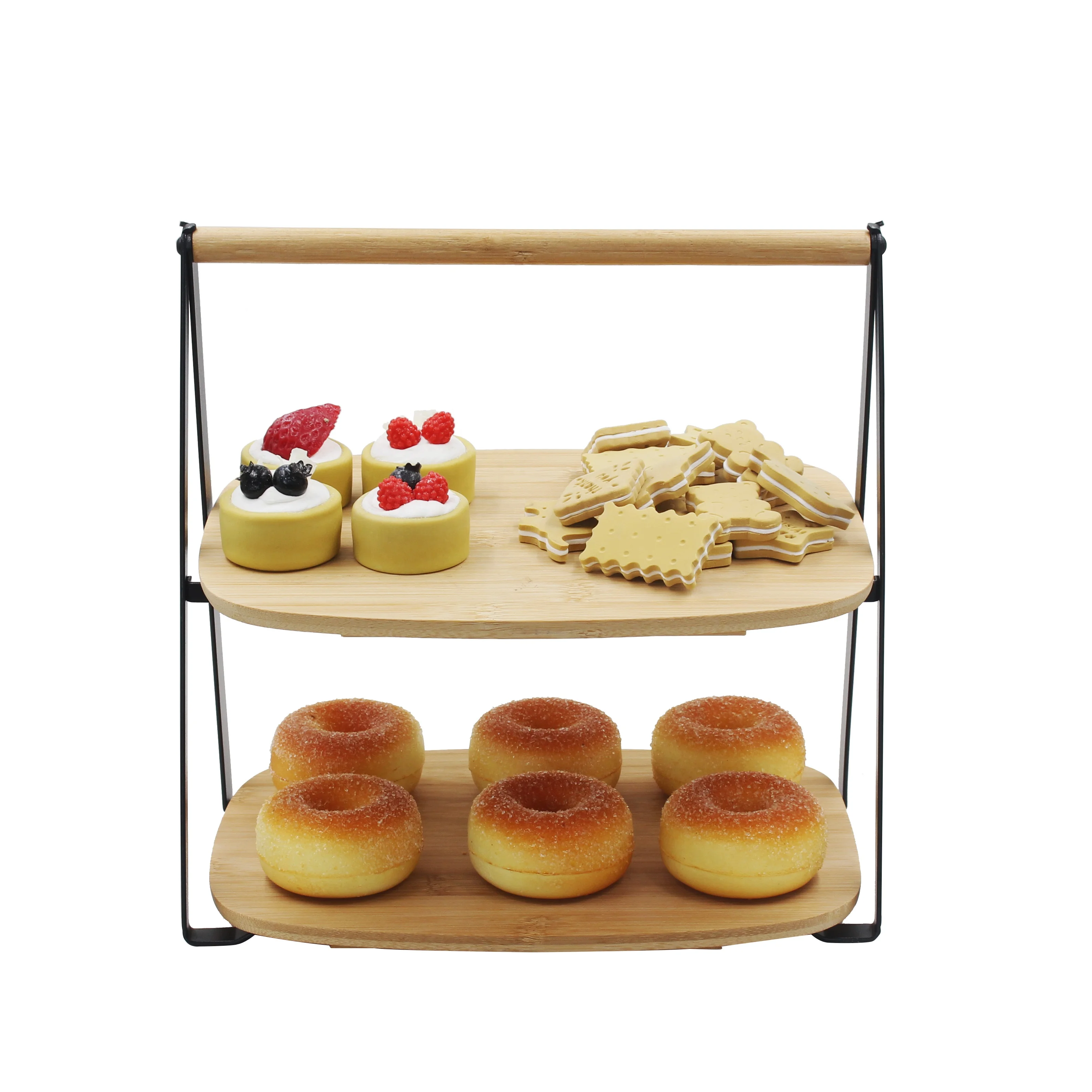 High quality cheap price factory wholesale 2 tier bamboo serving tray with metal stand