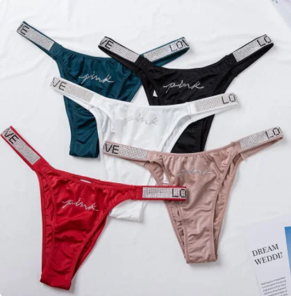 LOVE rhinestone side strap hot sexy panties photos Low waist comfortable ice silk  ladies cotton underpants