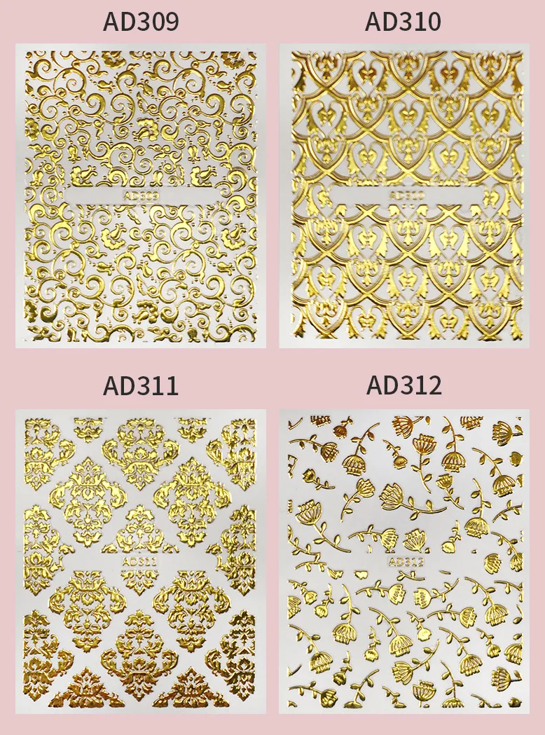 Custom Metallic Gold Flower Pattern Nail Decal 3D Adhesive  Sliders Warp Polish Press On DIY Nail Art Decorations Stickers