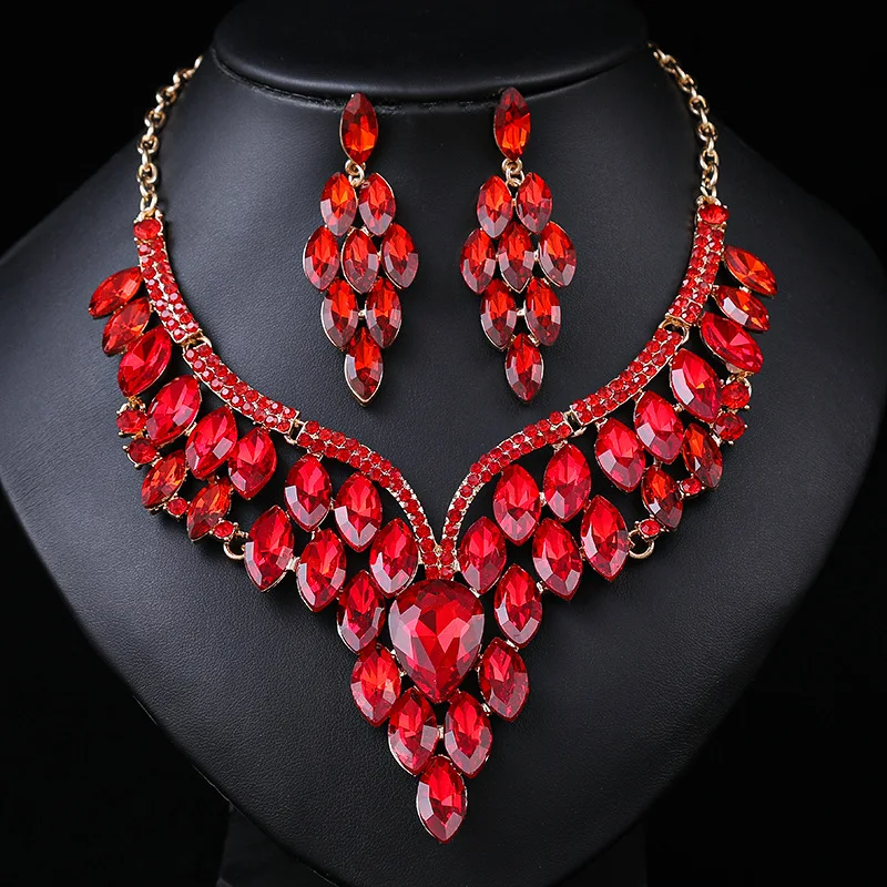 Vintage Luxury Jewelry Sets Gold Plated Diamond Crystal Rhinestone Pendant Necklace Earrings Sets For Women Bridal