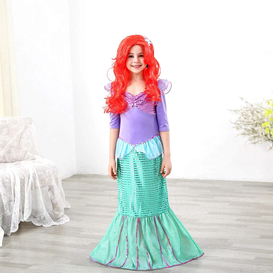 Girls Fancy Princess Ariel Party Dress up Halloween Little Mermaid Comic Con Cosplay Costume Children Carnival Role Play Dress