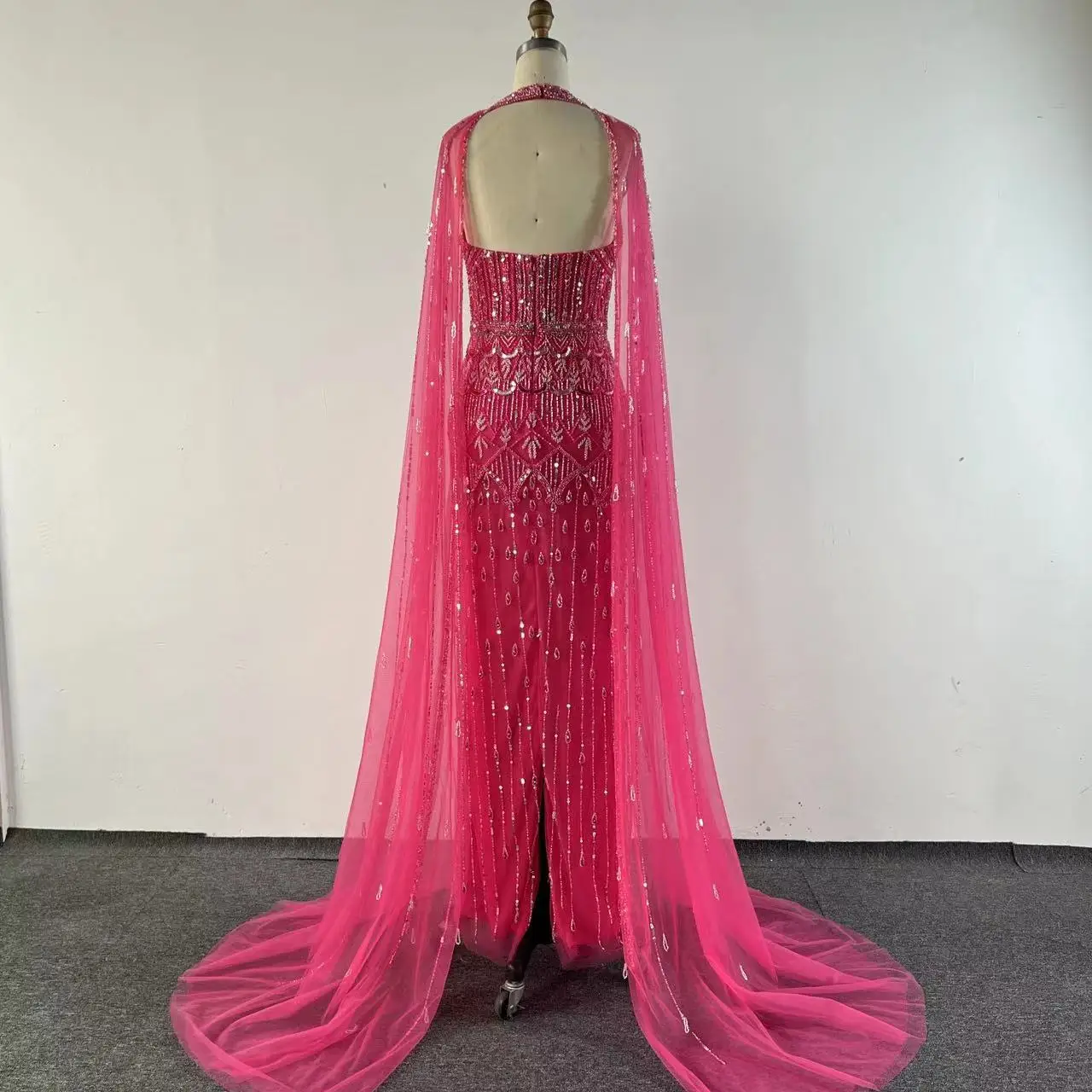 NEW Pink Cape Sleeves Mermaid  Beaded Elegant Evening Dresses Luxury Gowns For Women Arabic Party