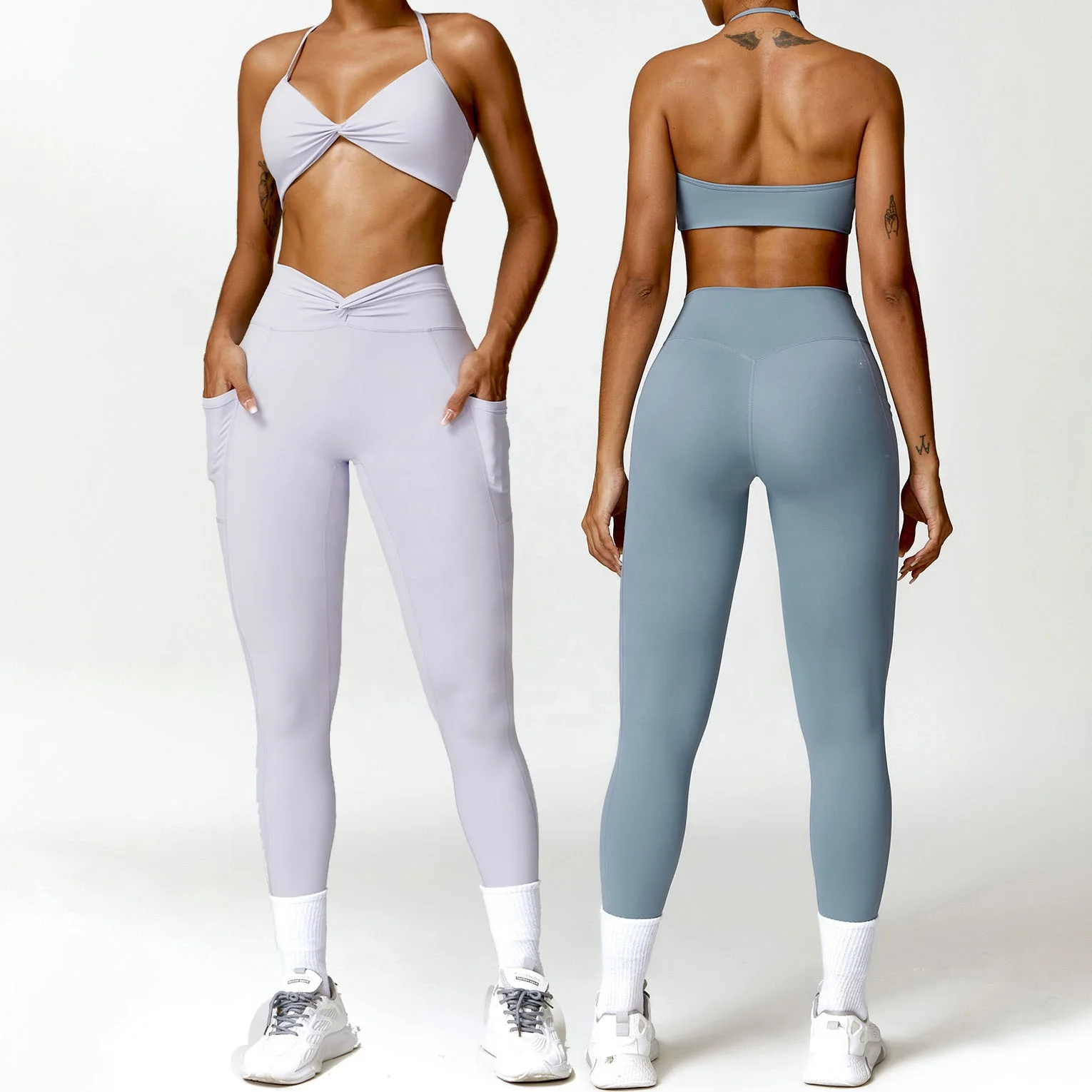 YIYI Naked Feeling Leggings Sets Custom Logo Women Sport Clothes Ladies Gym Fitness Sets Front Twist Sports Bra Workout Suits