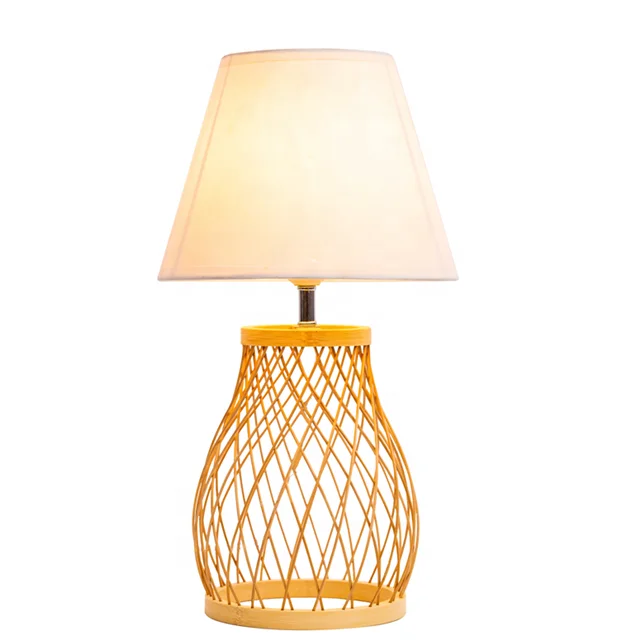 Handmade Bamboo Weaving Based Table Lamp with Fabric Shade