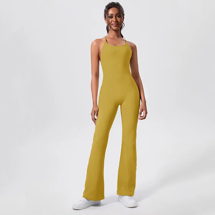 One Piece Flared Fitness Workout Bodysuit Hollow Out Sexy V Back Yoga Sets For Women Bodycon Fitness Yoga Sports Jumpsuit