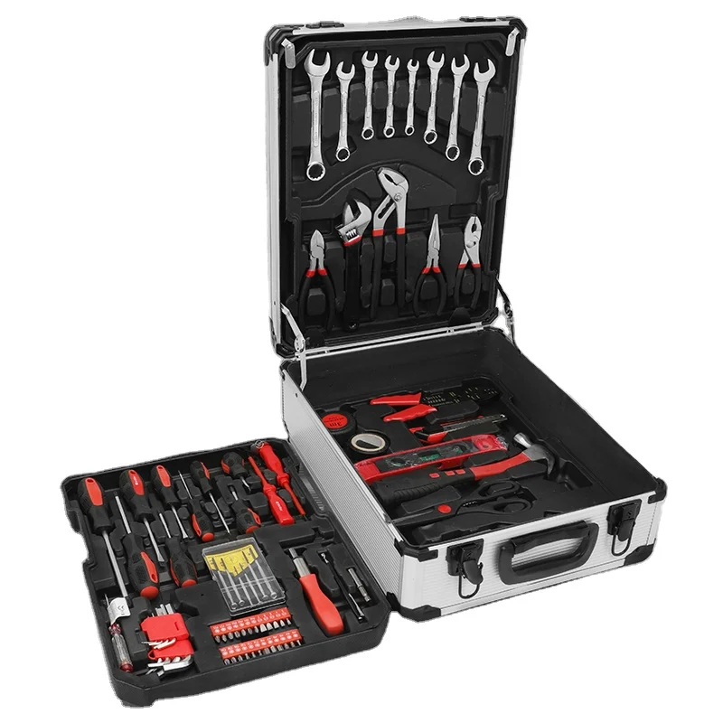 Srunv Popular 187pcs Professional Tool Set Aluminum Case Tool Kits With Rolling Tool Box Socket Set Wrench Spanner
