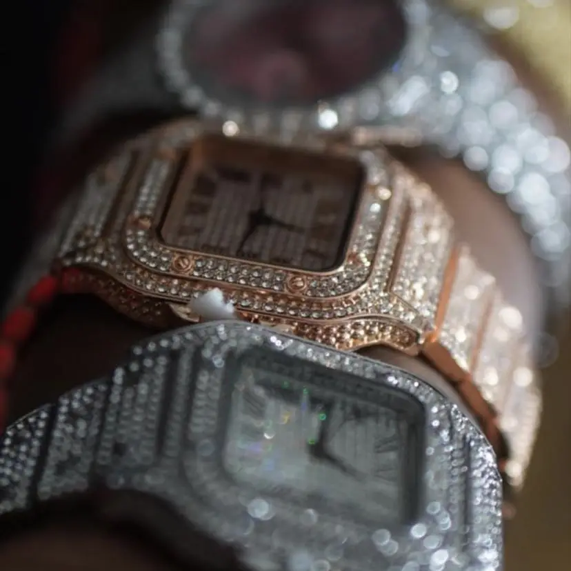 High Quality Luxury Cuban Diamond Man Watch For Anniversary Gift Gold Plating Roman Pattern Dial Diamond Quartz Watches