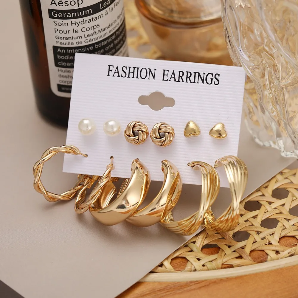 European and American cross-border 6-piece creative pearl studded diamond gold circle earring set