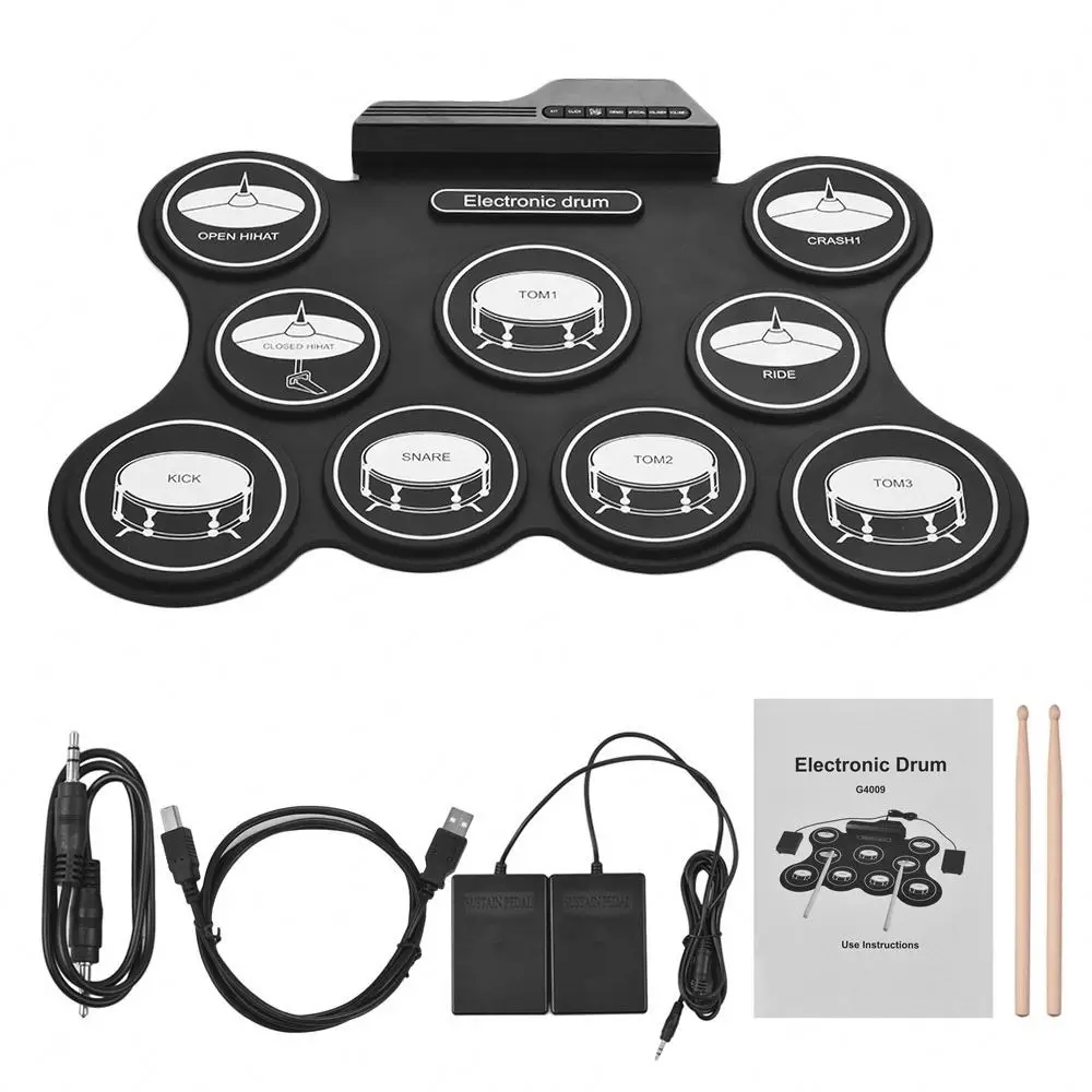 Digital Electronic Drum Compact Size USB Foldable Silicon Drums Set Digital Drum Kits / 9 Pads with Drumsticks Foot Pedals
