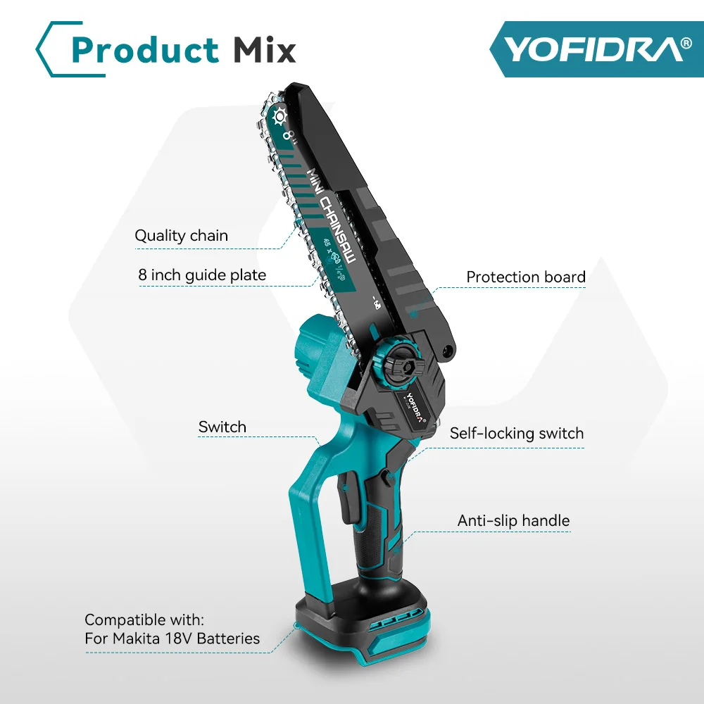 Yofidra  8 inch Brushless Chainsaw Bare Machine Makita Blue with Plastic Case for 18v Battery with Digital Display Mini Chainsaw