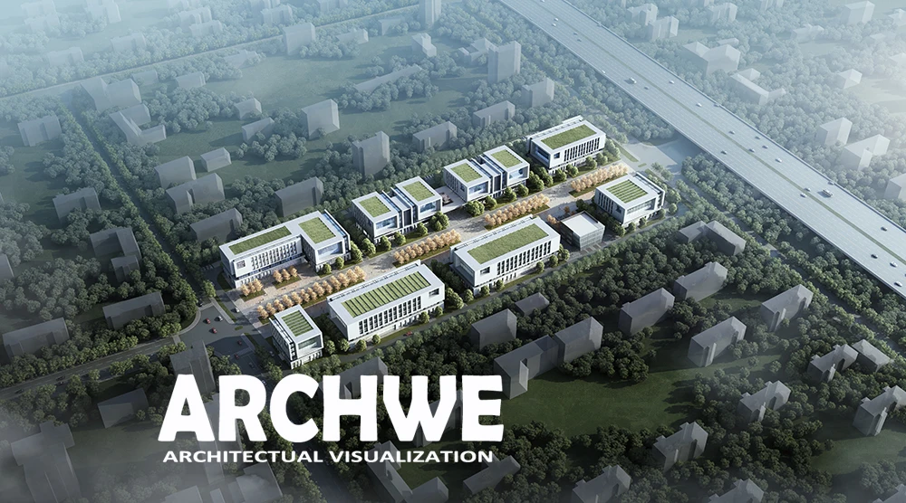 Commercial center in architectural rendering, also eco friendly architecture, office , industrial park,
