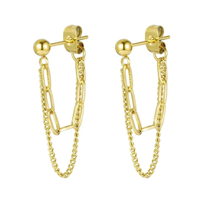 Custom High Quality 18K Gold Plated Earrings Fashion Jewelry Stainless Steel Double Paperclip link Chain Earrings For Women