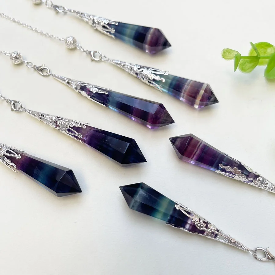 High Quality Crystal Stone Pendulum Polyhedral Pendulum Rainbow Fluorite Pendulum For Healing Stones Pendant