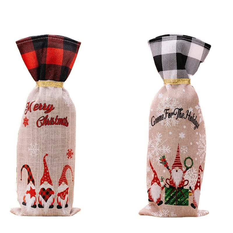 Christmas Wine Bottle Cover Rudolph Doll Gnome Print Black White Grid Edge Lace Up Bubbly Champagne Bottle Bag For Holiday Decor